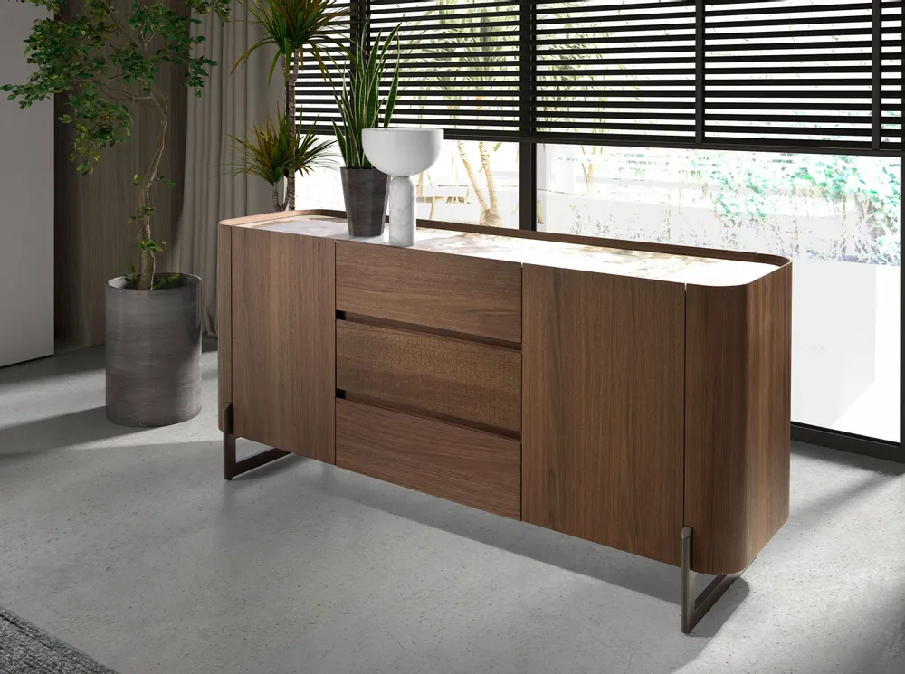 Sideboards - Walnut and dark metallised steel sideboard with porcelain marble top - ANGEL CERDÁ