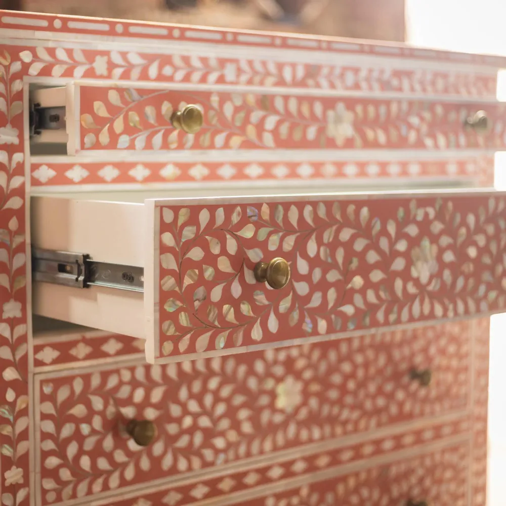 Commodes - Arabesque Bone Inlay Five-Drawer Tallboy - Coral - HOUSE OF JAIPUR