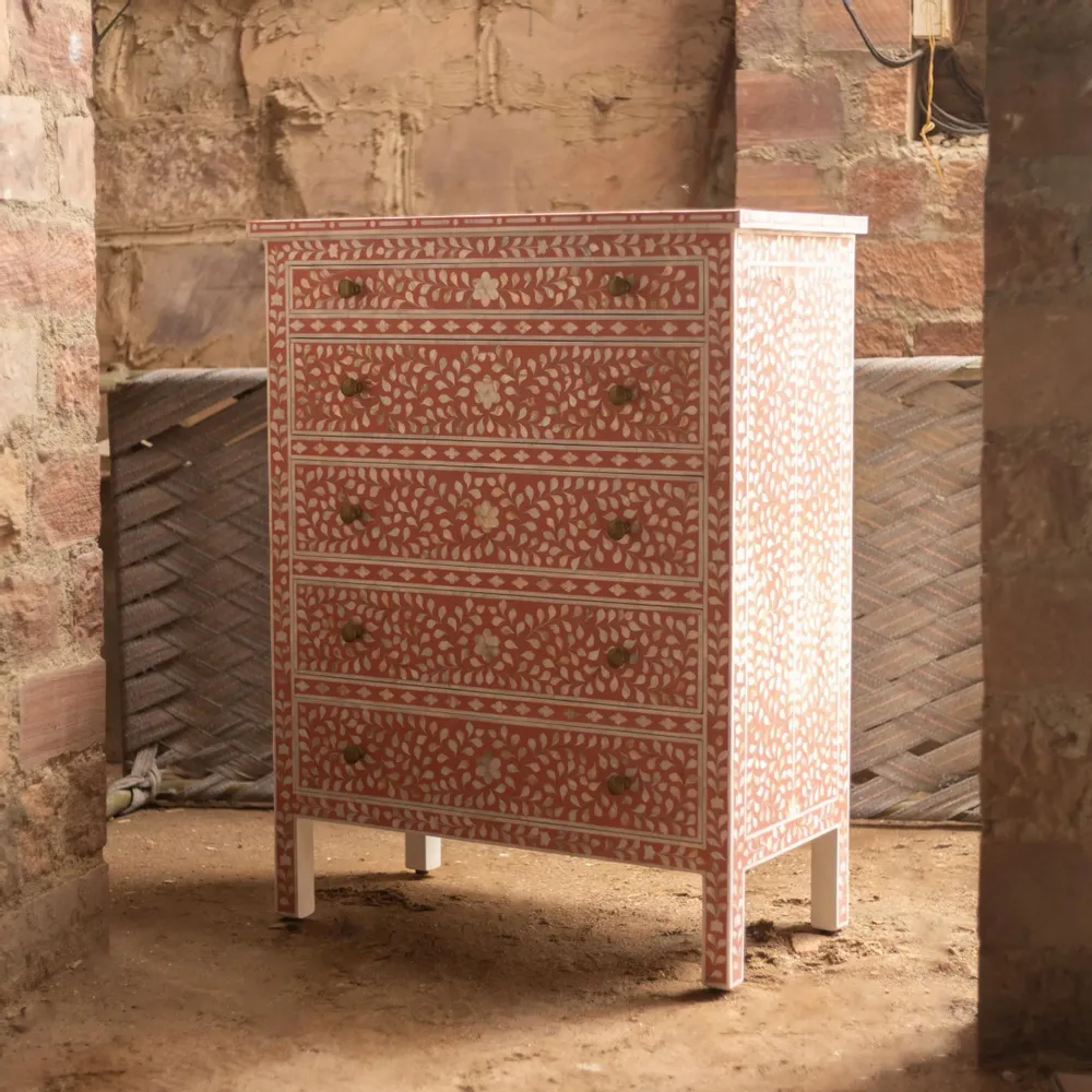 Commodes - Arabesque Bone Inlay Five-Drawer Tallboy - Coral - HOUSE OF JAIPUR