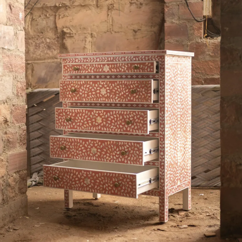 Commodes - Arabesque Bone Inlay Five-Drawer Tallboy - Coral - HOUSE OF JAIPUR