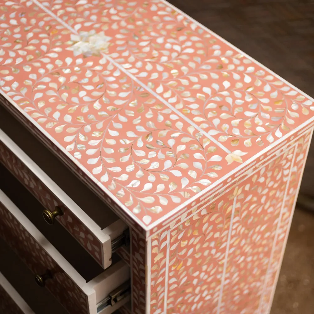 Commodes - Arabesque Bone Inlay Five-Drawer Tallboy - Coral - HOUSE OF JAIPUR