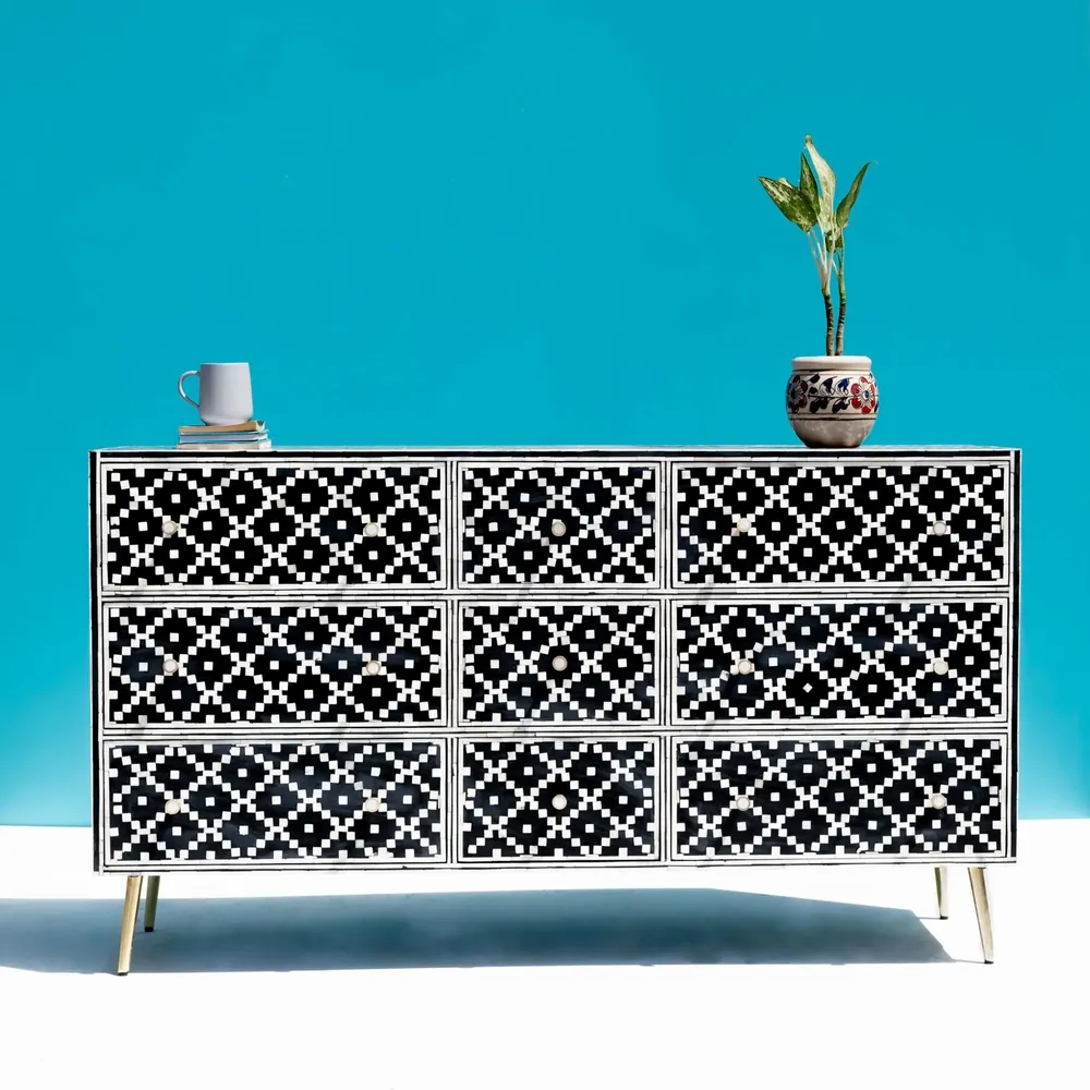 Commodes - Pixel Lattice Inlay Nine-Drawer Dresser - HOUSE OF JAIPUR