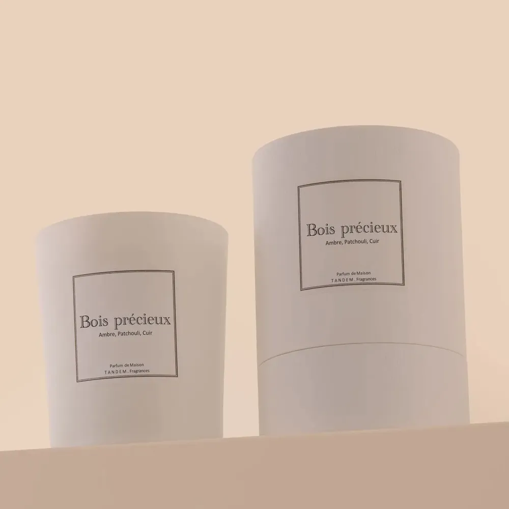 Candles - Precious Wood scented candle - 180g white glass 100% vegetable wax - TANDEM FRAGRANCES