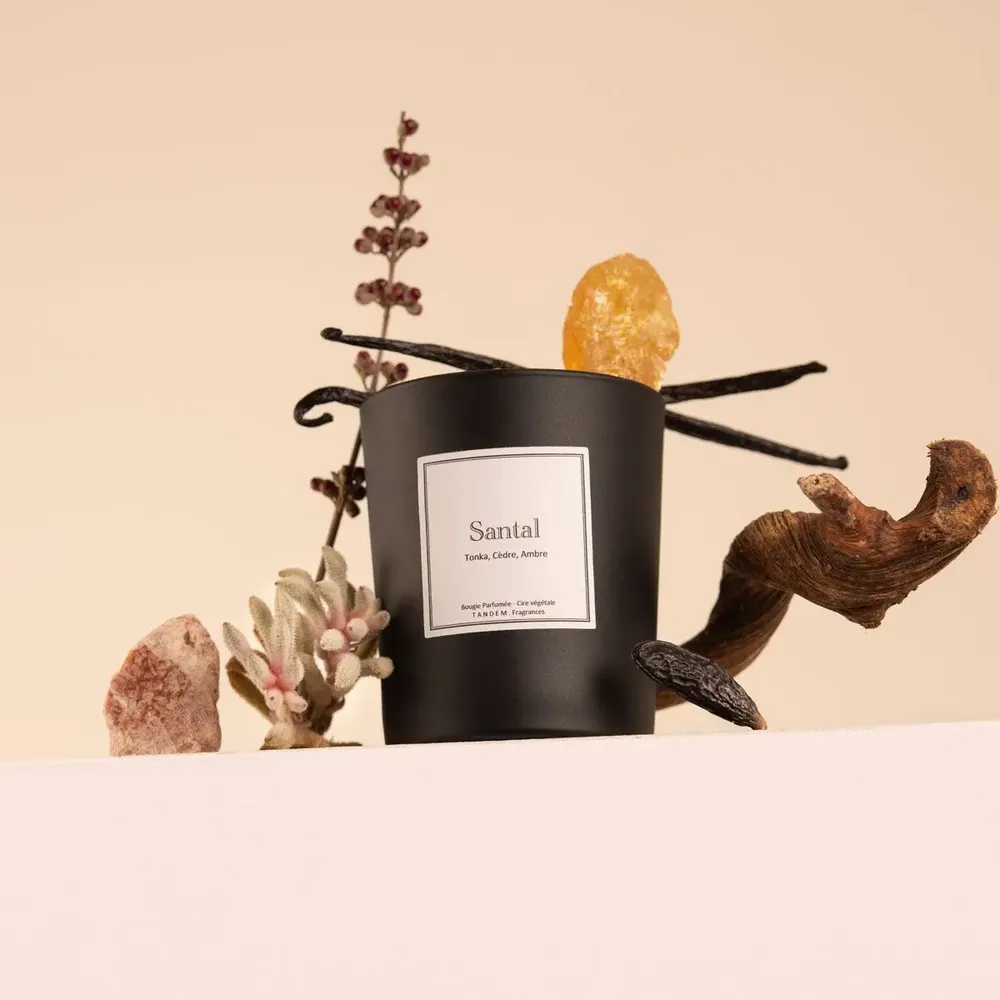 Bougies - Bougie Santal verre noir - 180g - Cire 100% végétale - TANDEM FRAGRANCES