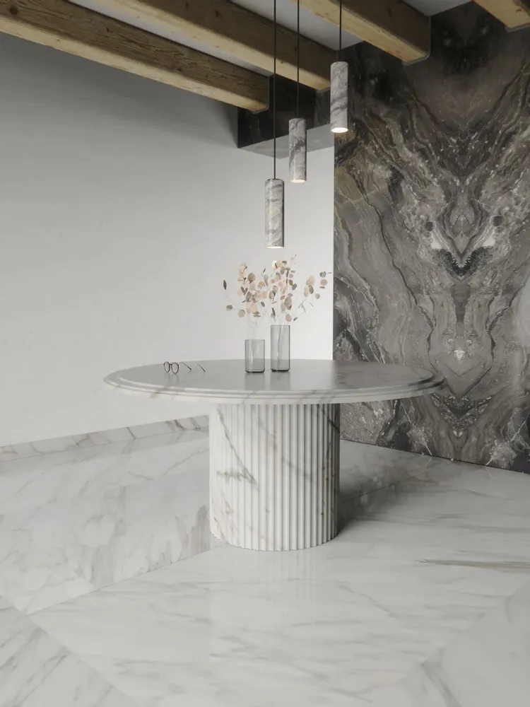 Dining Tables - Aura -  Round dining table in Calacatta marble - PISTORE MARMI