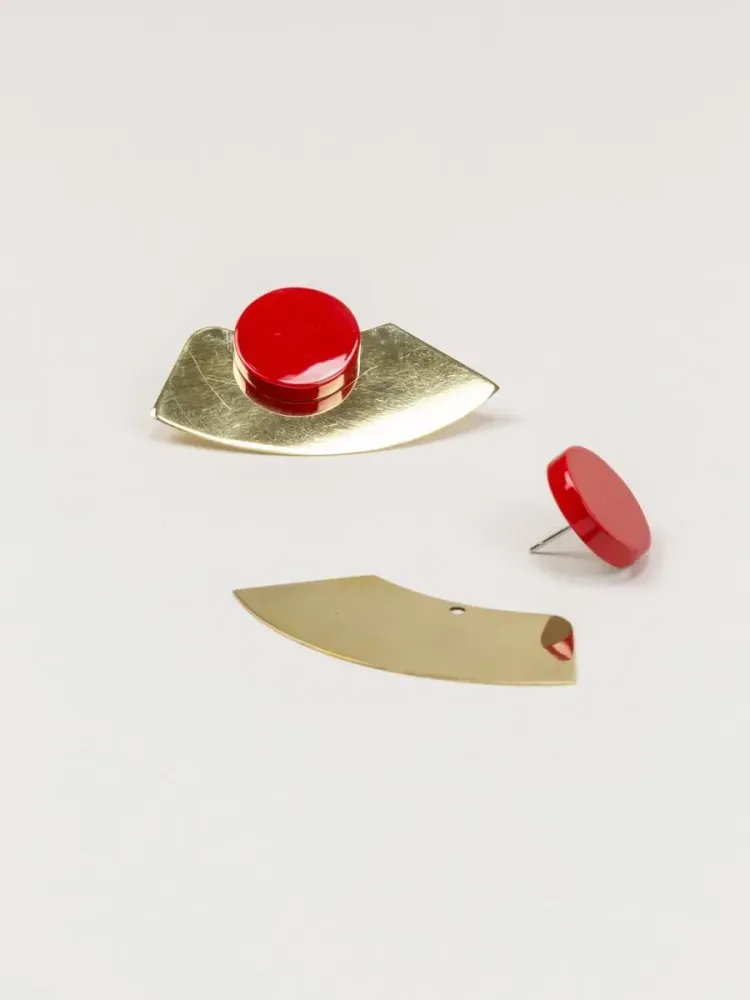 Bijoux - Boucles d'oreilles demi-rond laiton, pendant laque rouge - Tiges - L INDOCHINEUR X RIVÊT