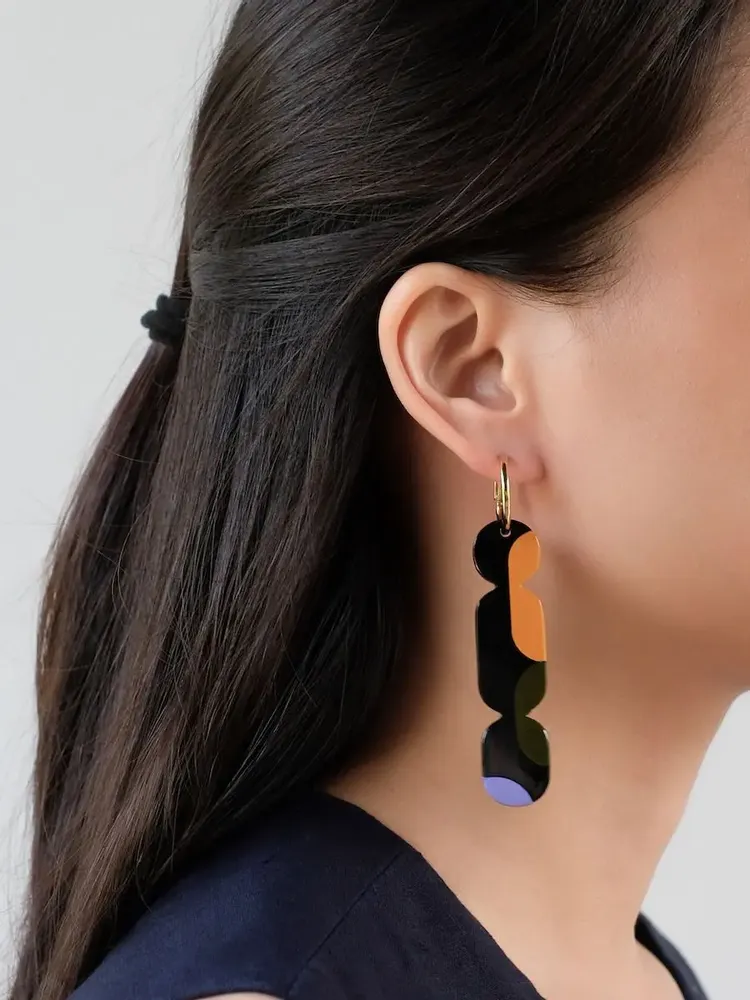 Bijoux - Créoles 70 Nymphe en corne blonde et laque Orange - Laque jeu Or - L INDOCHINEUR X RIVÊT