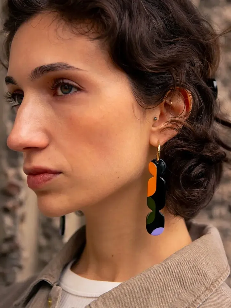 Bijoux - Créoles 70 Nymphe en corne blonde et laque Orange - Laque jeu Or - L INDOCHINEUR X RIVÊT