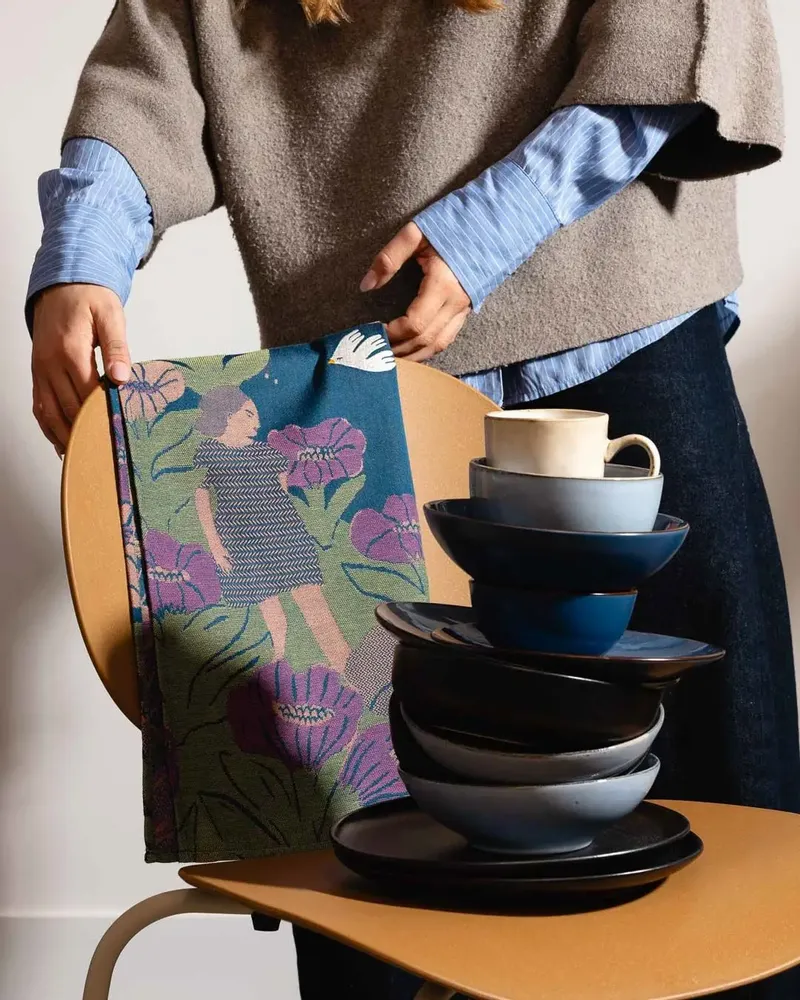 Dish towels - "Nocturne"embroidered tea towel - TISSAGE MOUTET