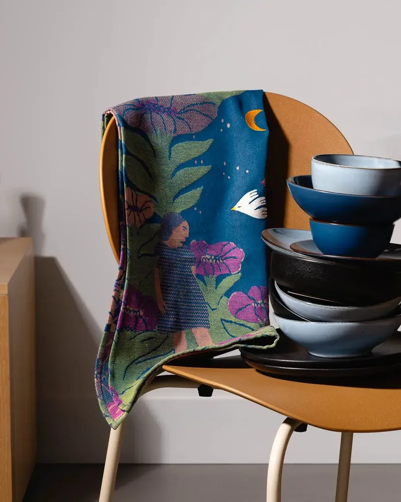 Dish towels - "Nocturne"embroidered tea towel - TISSAGE MOUTET
