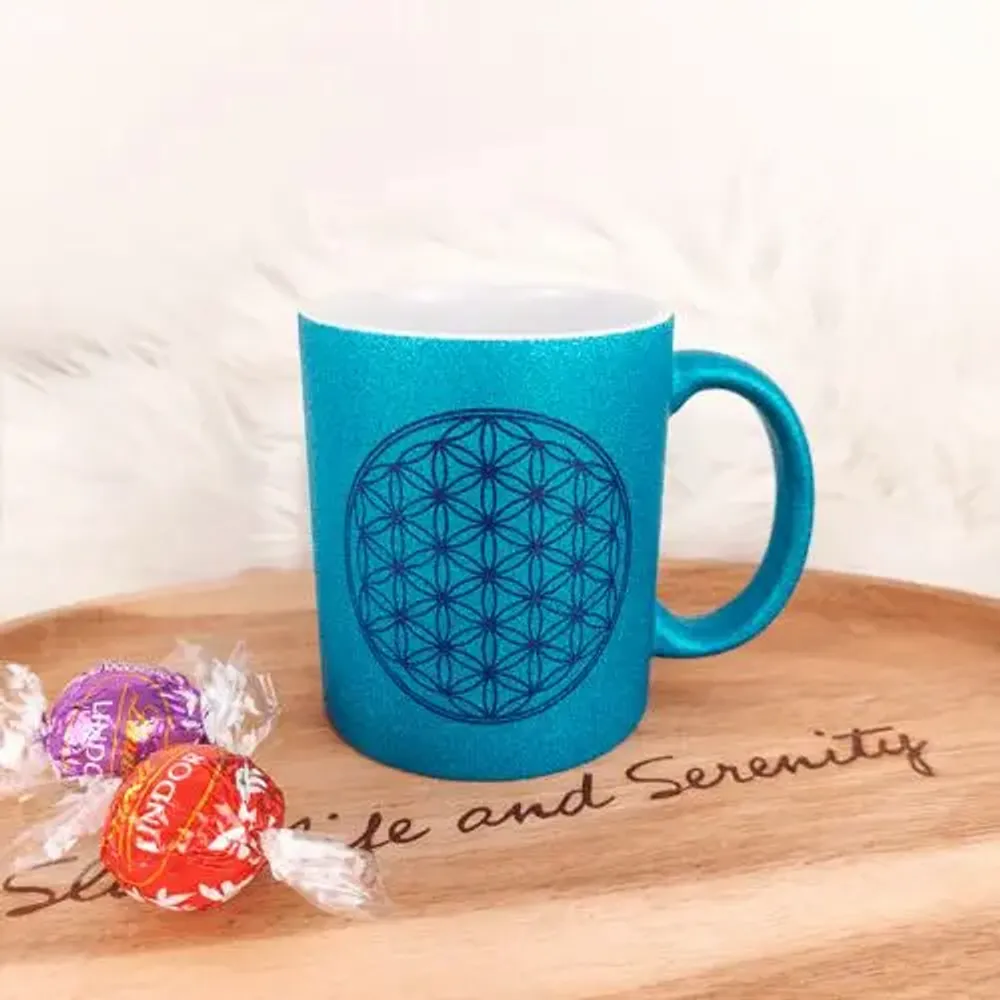 Cadeaux - Mug Fleur de Vie bleu pailleté - MANDALASHOP