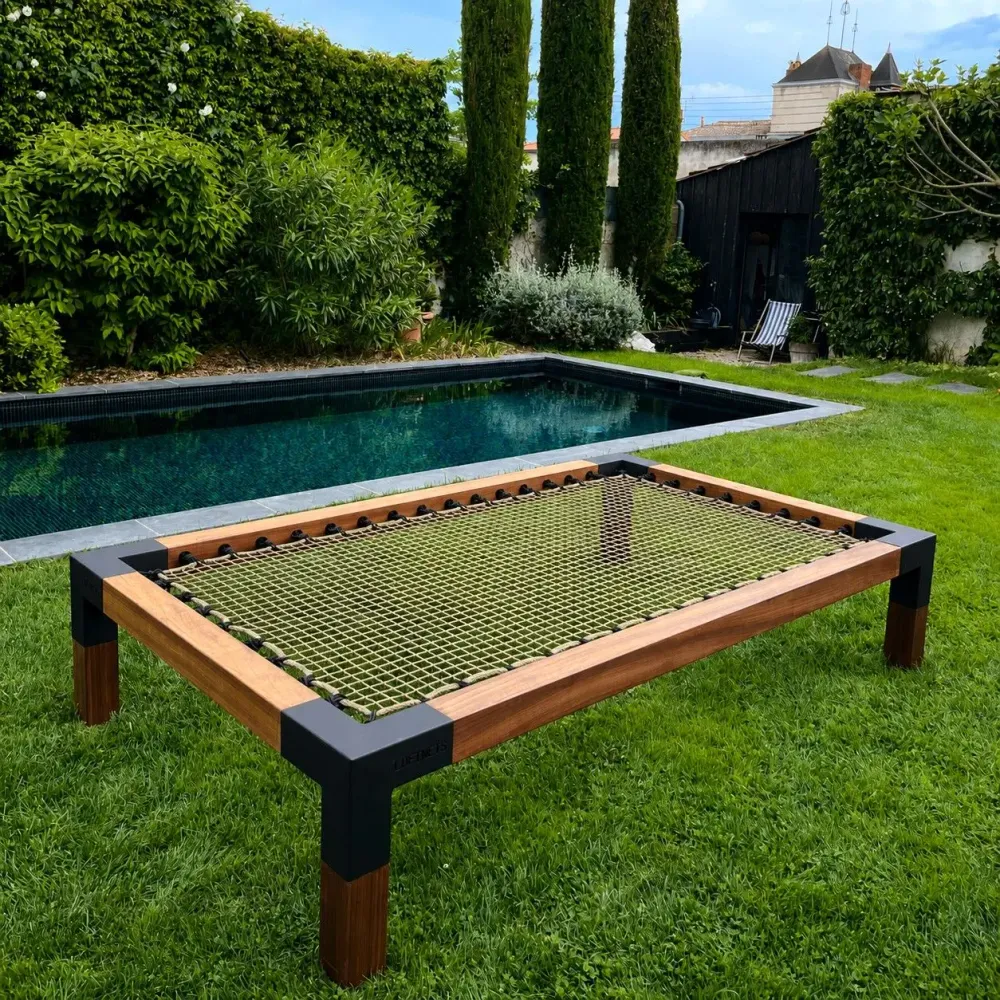 Benches for hospitalities & contracts - Double Sunbed in exotic wood with braided marine net - LOFTNETS