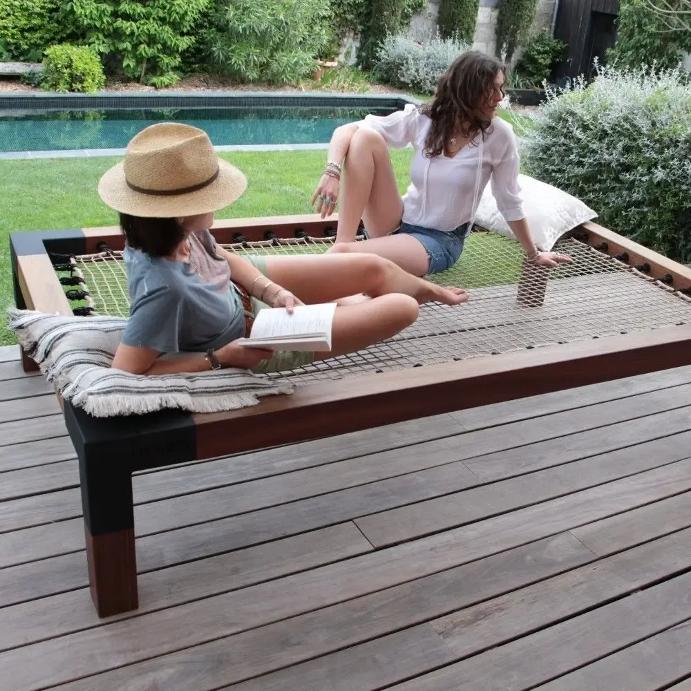 Benches for hospitalities & contracts - Double Sunbed in exotic wood with braided marine net - LOFTNETS