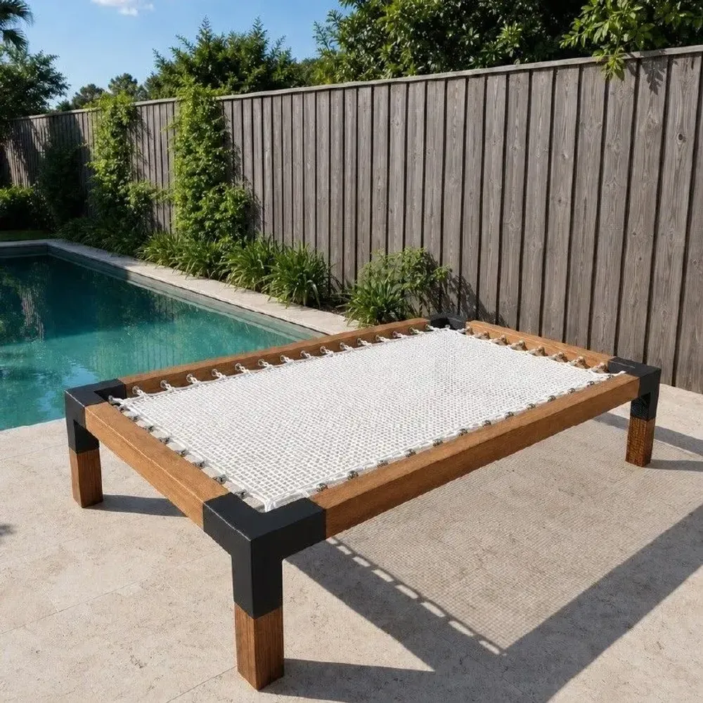 Benches for hospitalities & contracts - Double Sunbed in exotic wood with braided marine net - LOFTNETS