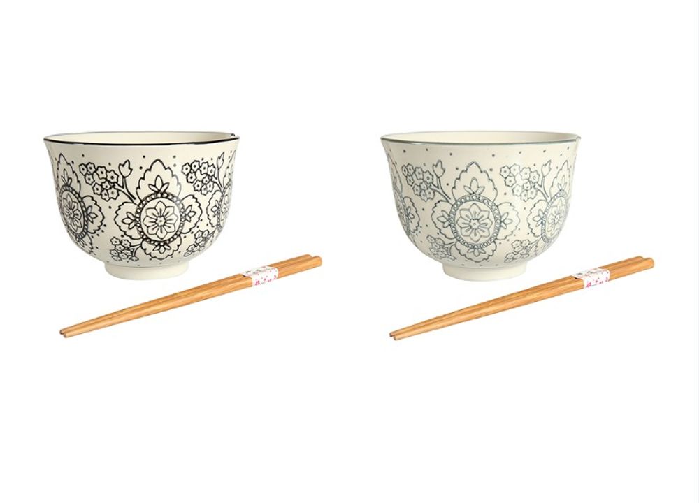 Bowls - CERAMIC BOWL WITH CHOPSTICKS' FLORE ' - SEMA