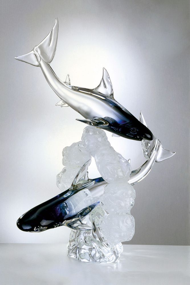 Verre d'art - Requins en nuit boréale dans un cercle d'eau - ZANETTI MURANO