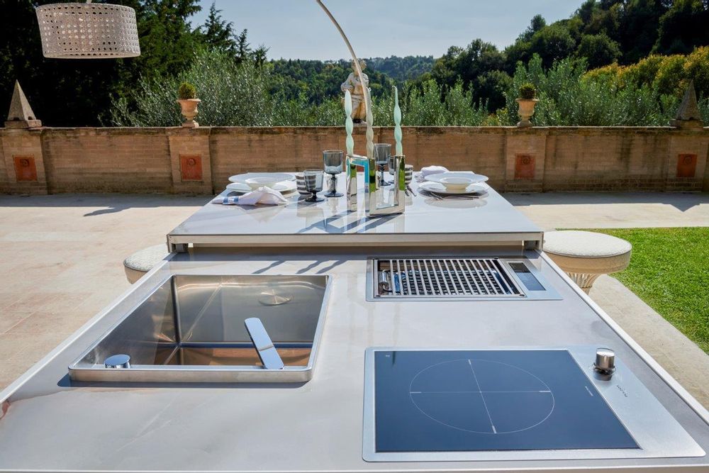 Outdoor kitchens - island kitchen with sliding table - SAMUELE MAZZA OUTDOOR COLLECTION