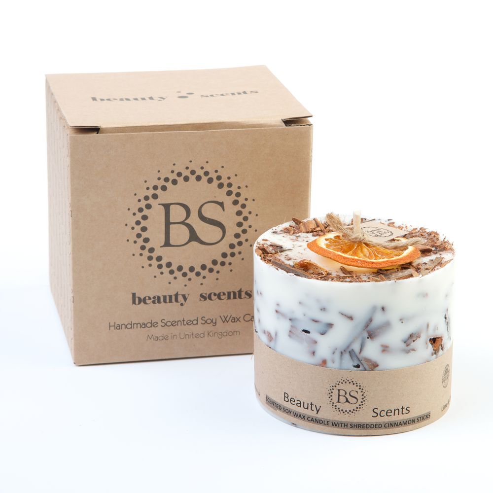 Candles - Cinnamon & Orange Scented Soy Wax Candle with Cinnamon Shredded Sticks D 9 cm H 8.5 cm - BEAUTY SCENTS