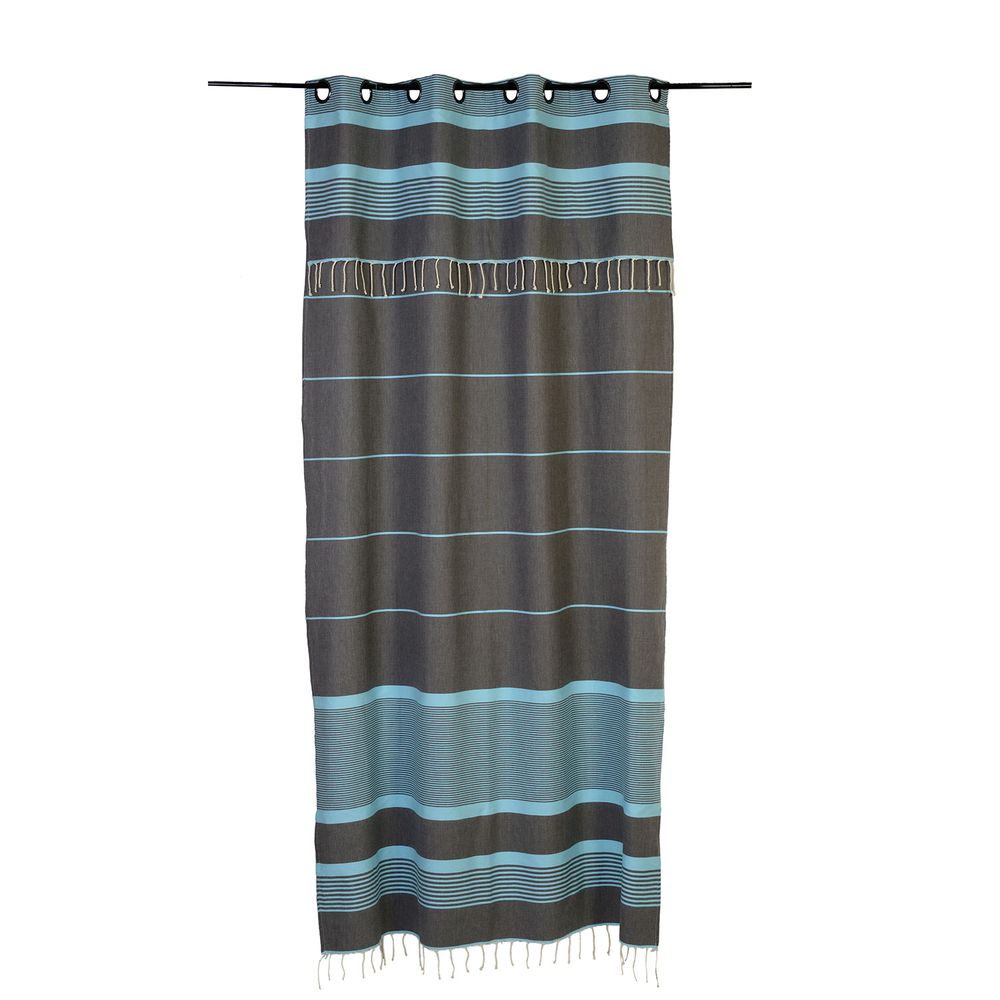 Rideaux et voilages - Rideau prêt-à-poser et modulable à rayures bleu turquoise sur fond gris anthracite | C4 - FOUTA FUTEE