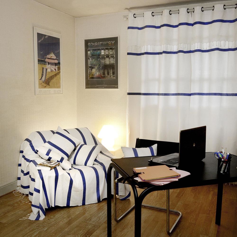 Rideaux et voilages - Rideau prêt-à-poser modulable en hauteur blanc et bleu | F3 - FOUTA FUTEE