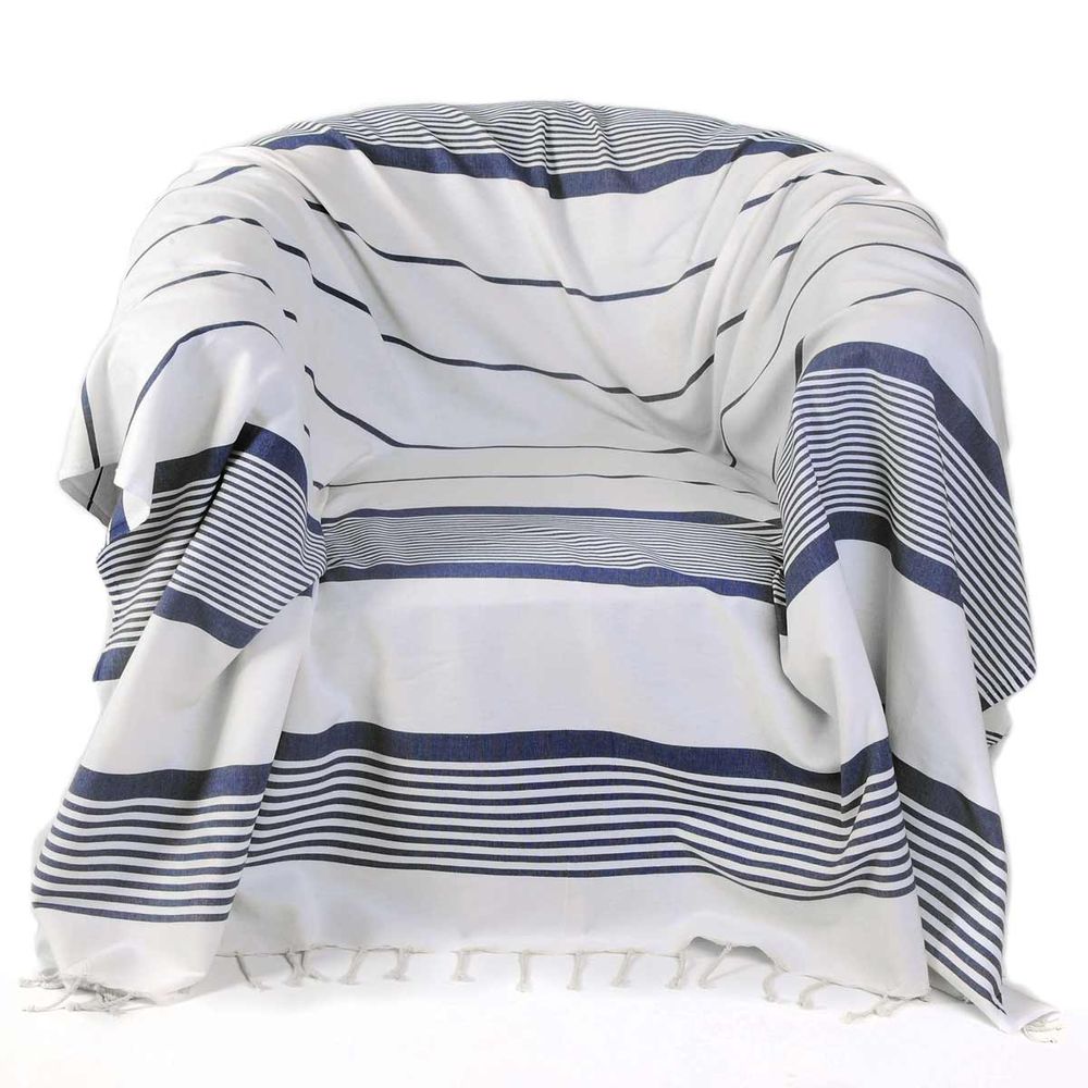 Plaids - Jeté carré 2 x 2 m fond blanc et rayures bleu océan CASABLANCA CB1 - FOUTA FUTEE