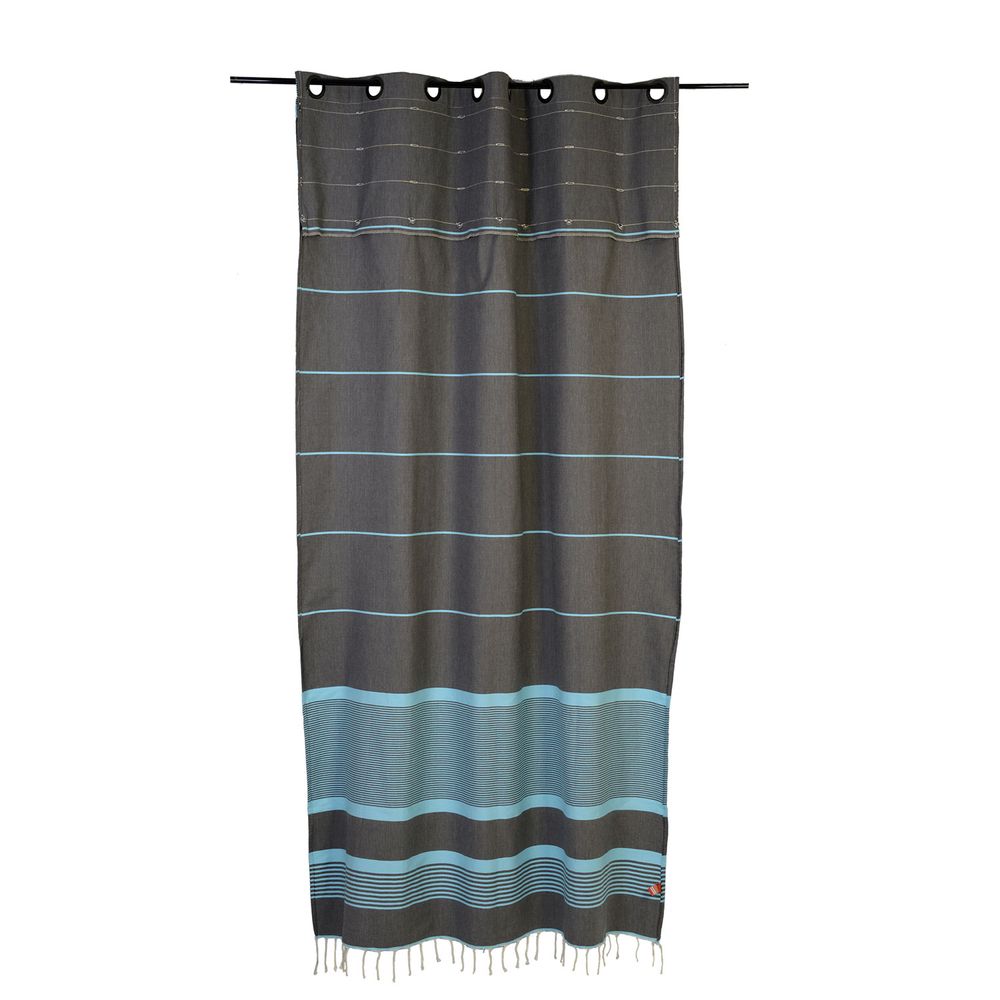 Rideaux et voilages - Rideau prêt-à-poser et modulable à rayures bleu turquoise sur fond gris anthracite | C4 - FOUTA FUTEE