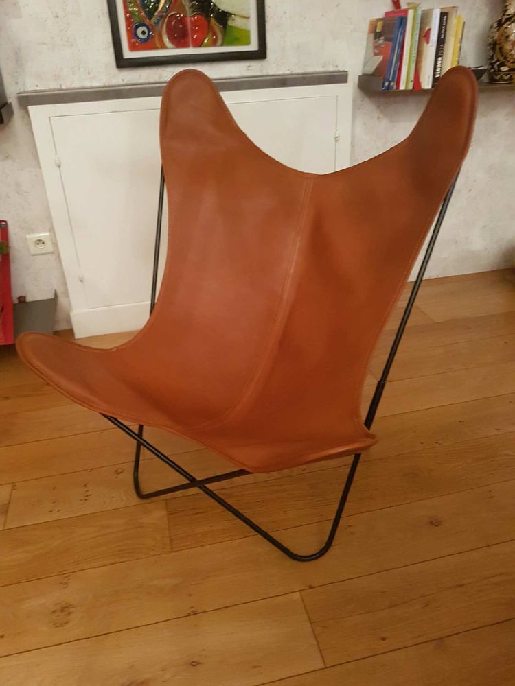 Armchairs - FAUTEUIL BUTTERFLY BLACK FRAME AND BROWN LEATHER - CJ FRANCE