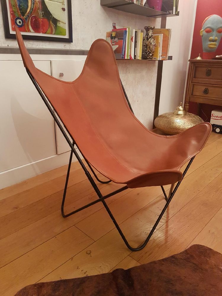 Armchairs - FAUTEUIL BUTTERFLY BLACK FRAME AND BROWN LEATHER - CJ FRANCE