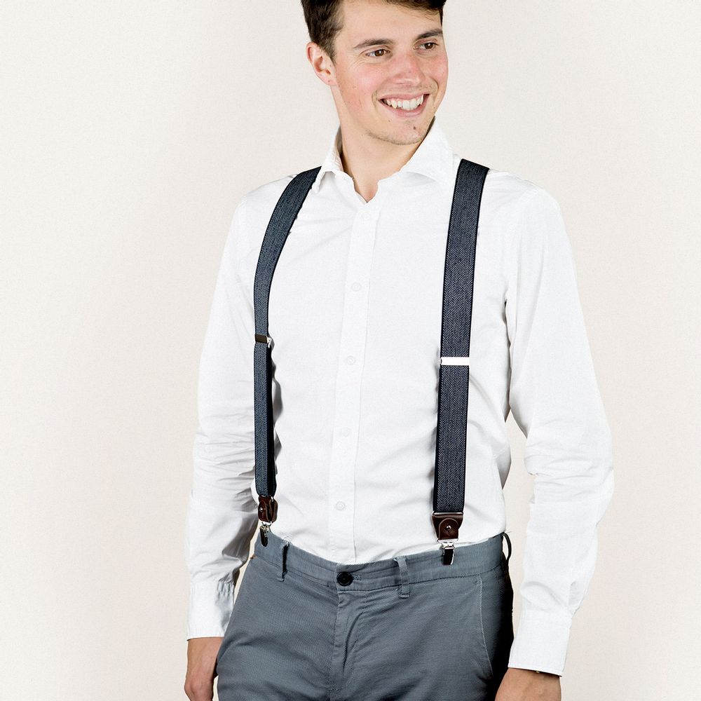 Prêt-à-porter - Bretelles larges à pinces et cuir – Chevron bleu marine - BERTELLES