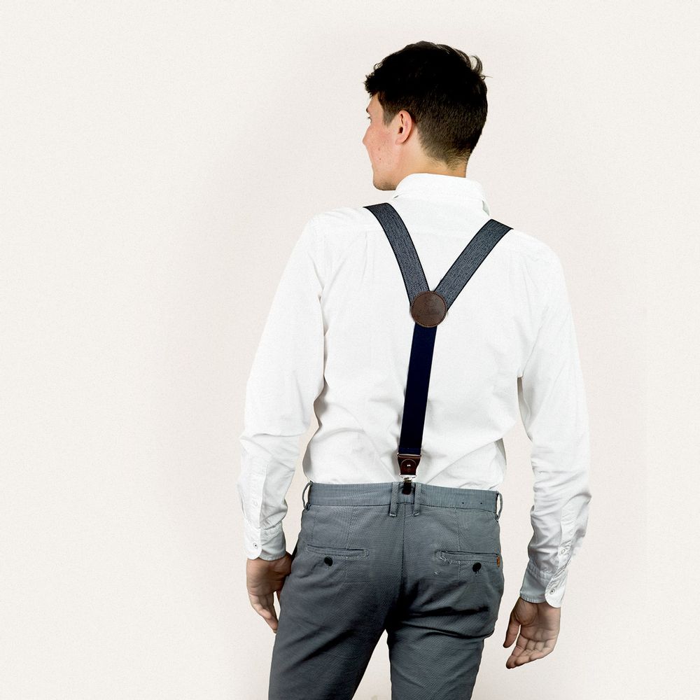 Prêt-à-porter - Bretelles larges à pinces et cuir – Chevron bleu marine - BERTELLES