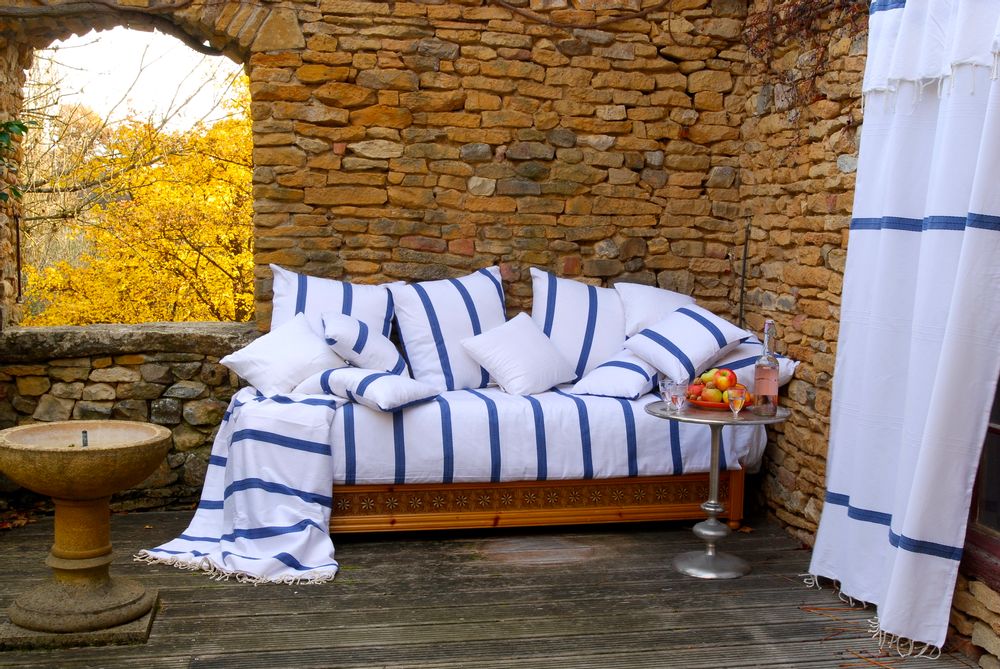 Rideaux et voilages - Rideau prêt-à-poser modulable en hauteur blanc et bleu | F3 - FOUTA FUTEE