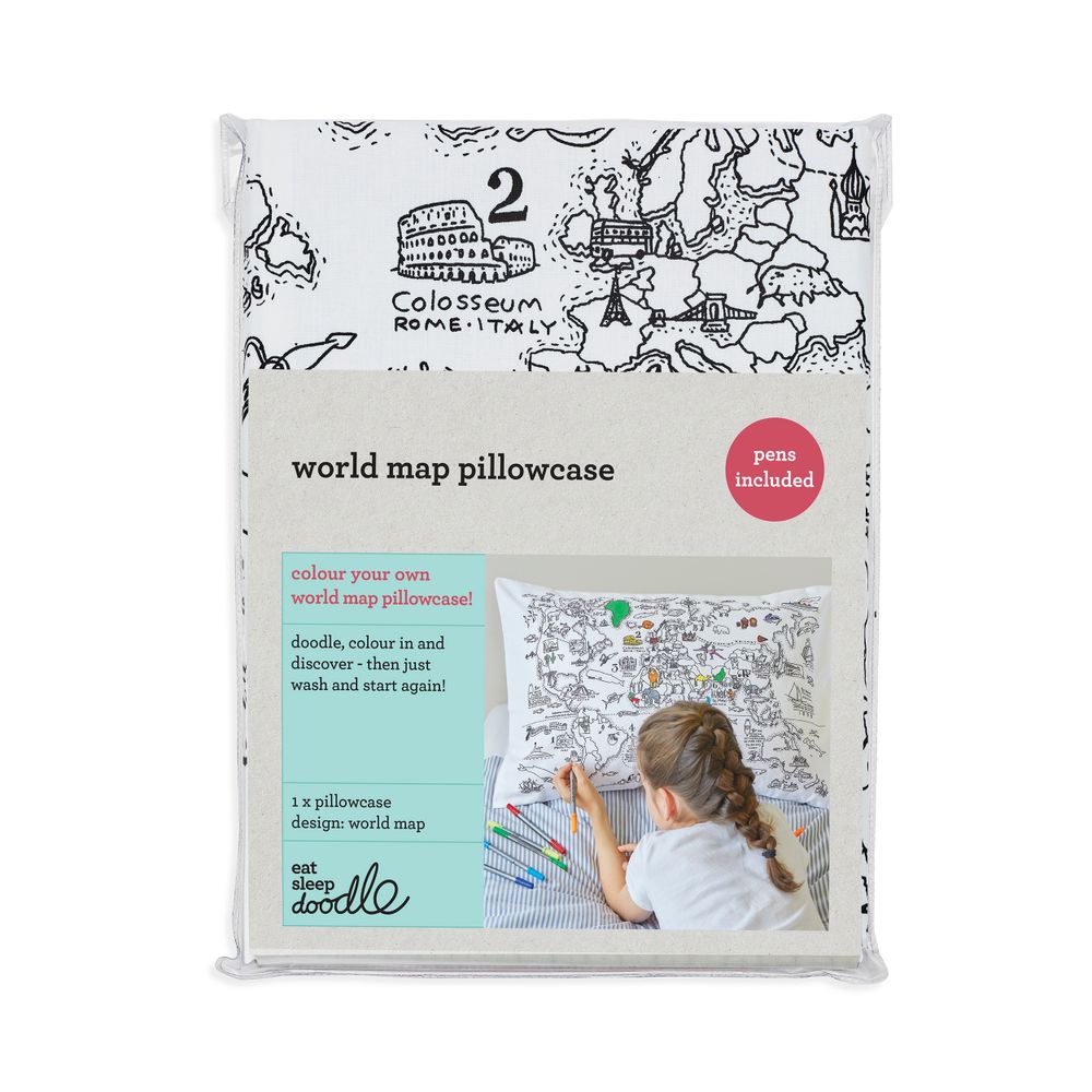 Loisirs créatifs pour enfant - Taie d’oreiller à colorier carte du monde - EATSLEEPDOODLE