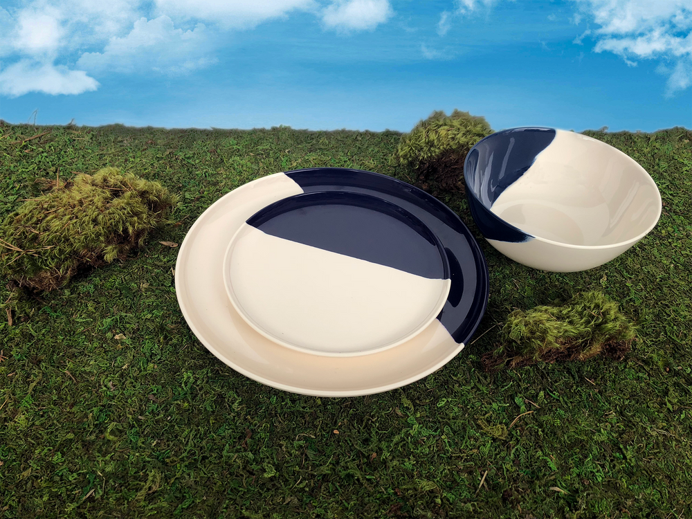 Everyday plates - ½ & ½ Melamine Ivory / Navy Blue Dinner Plate - THOMAS FUCHS CREATIVE