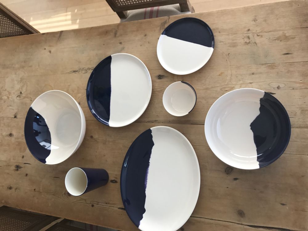 Everyday plates - ½ & ½ Melamine Ivory / Navy Blue Dinner Plate - THOMAS FUCHS CREATIVE