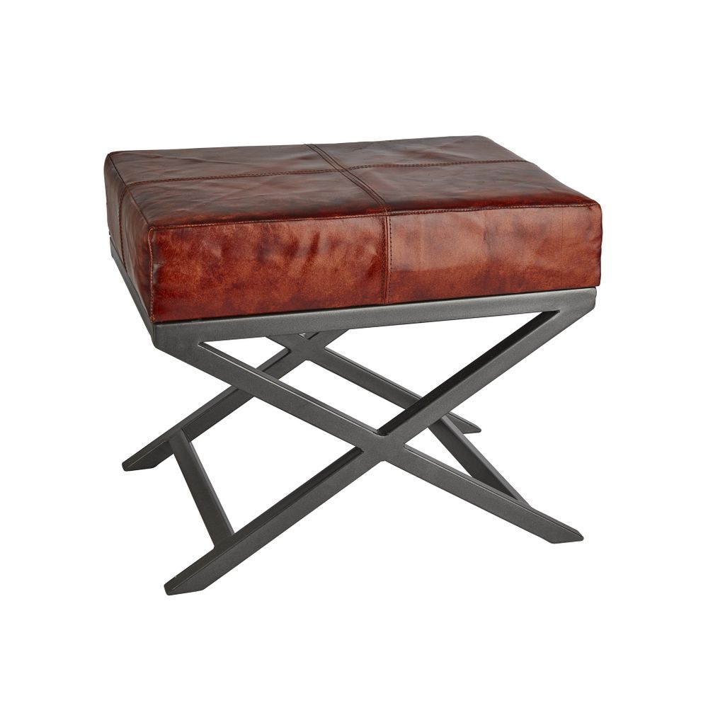 Tabourets - Criss Cross Real Leather & Metal Bench - 17 Inch - INDUSTVILLE