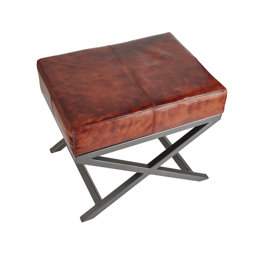 Tabourets - Criss Cross Real Leather & Metal Bench - 17 Inch - INDUSTVILLE