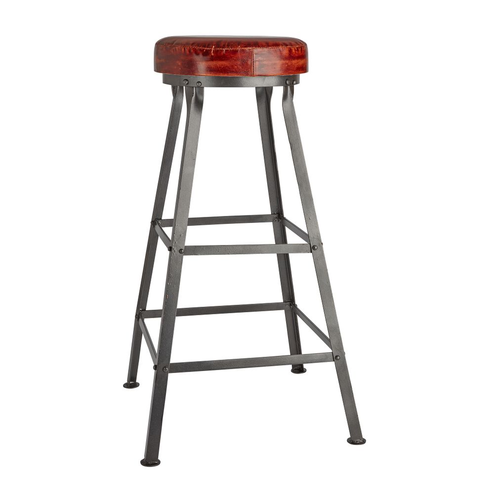 Tabourets - Tall Vintage Real Leather & Metal Work Bar Stool - 32 Inch - INDUSTVILLE