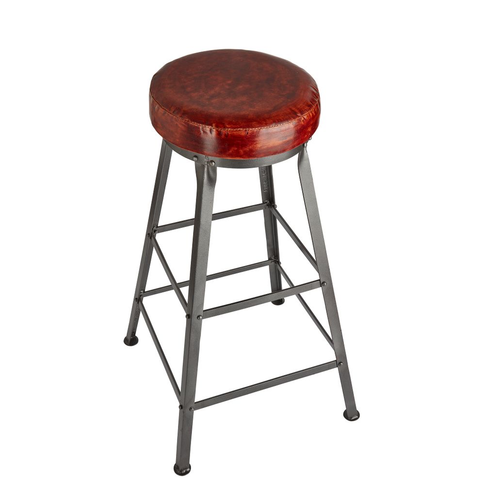 Tabourets - Tall Vintage Real Leather & Metal Work Bar Stool - 32 Inch - INDUSTVILLE
