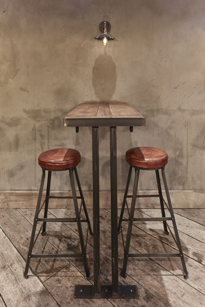 Tabourets - Tall Vintage Real Leather & Metal Work Bar Stool - 32 Inch - INDUSTVILLE