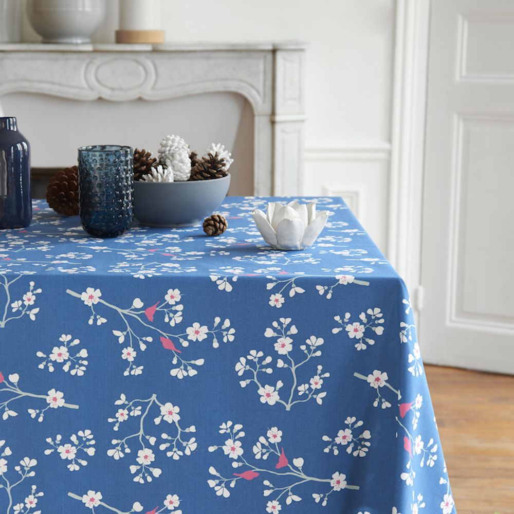 Linge de table textile - nappe enduite collection Cerisier Pétrole - FLEUR DE SOLEIL
