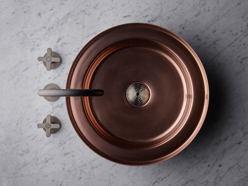 Spas - Vasque NARCIS rond cuivre brillant, clapet inox guilloché - BASSINES
