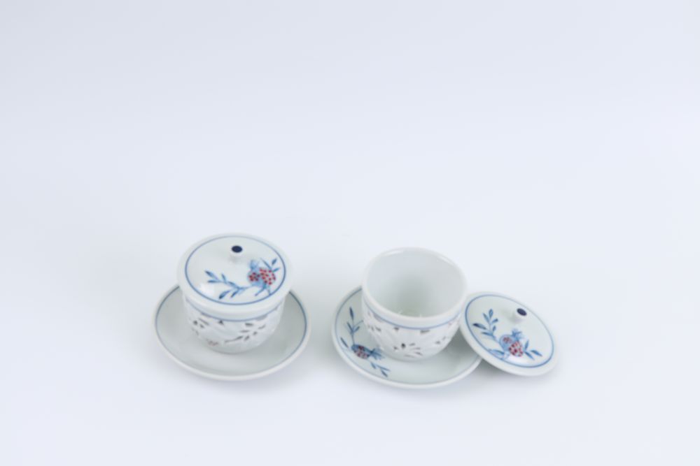 Tea and coffee accessories - Blue and White Ware with Openwork Tea Cup Set for Duo - SEOUL COLLECT