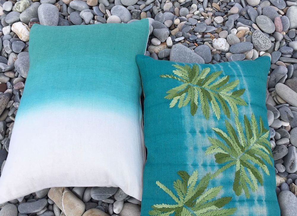 Fabric cushions - Embroidered linen cushion Tie & Dye Tropical - EN FIL D'INDIENNE...