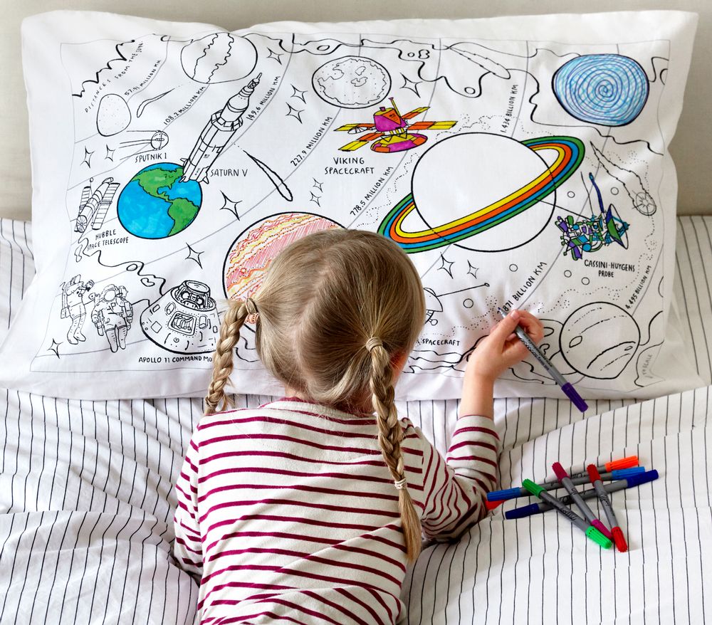Children's arts and crafts - colour-in space explorer pillowcase - EATSLEEPDOODLE