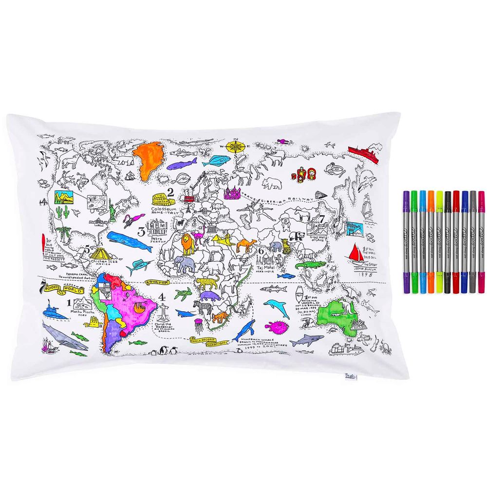 Loisirs créatifs pour enfant - Taie d’oreiller à colorier carte du monde - EATSLEEPDOODLE