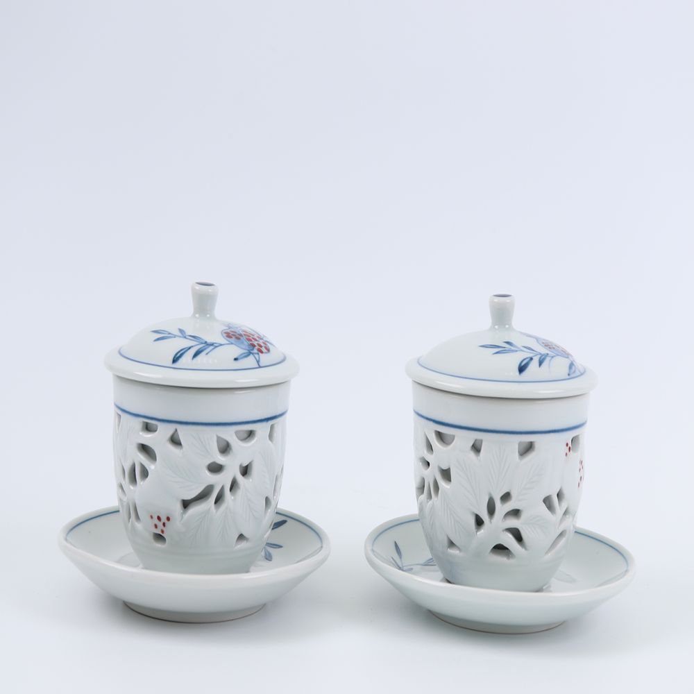 Tea and coffee accessories - Blue and White Ware with Openwork Tea Cup Set for Duo - SEOUL COLLECT