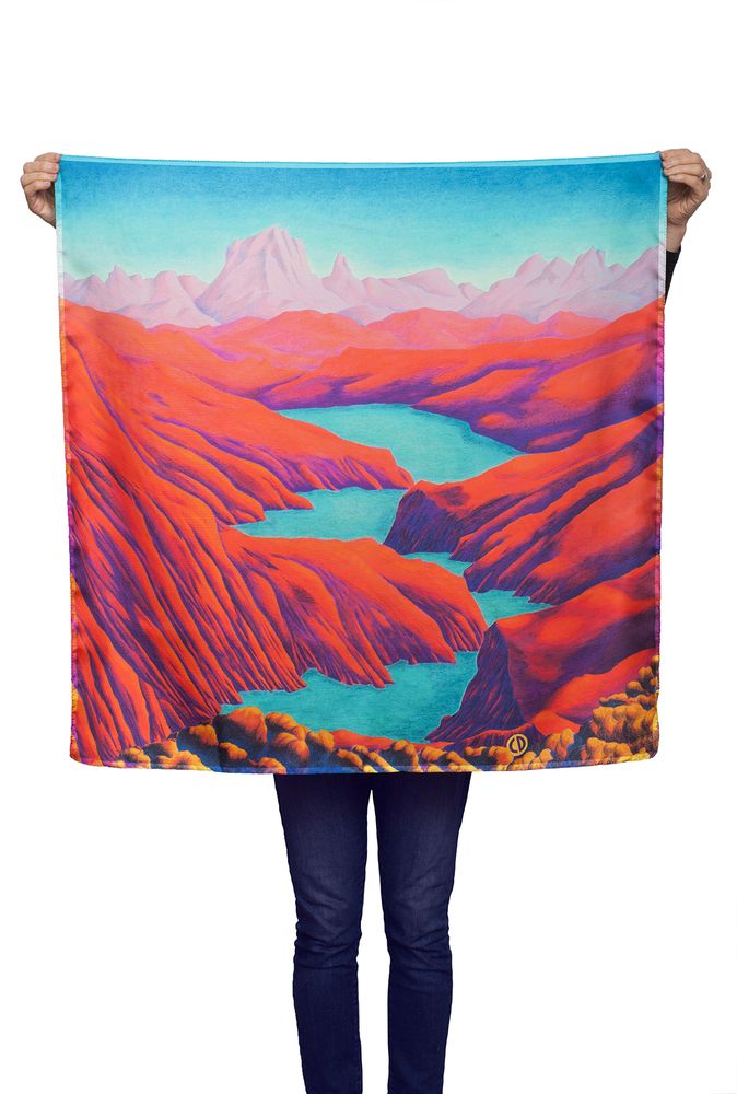 Scarves - Square silk scarf, “Rêves Martiens” collection, red blue turquoise - CÉLINE DOMINIAK