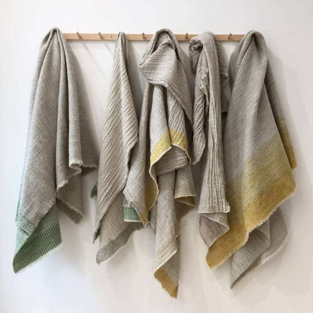 Homewear - Finnish lamb wool / natural linen blanket with plant dyed stripes, Tuiskut - BONDEN