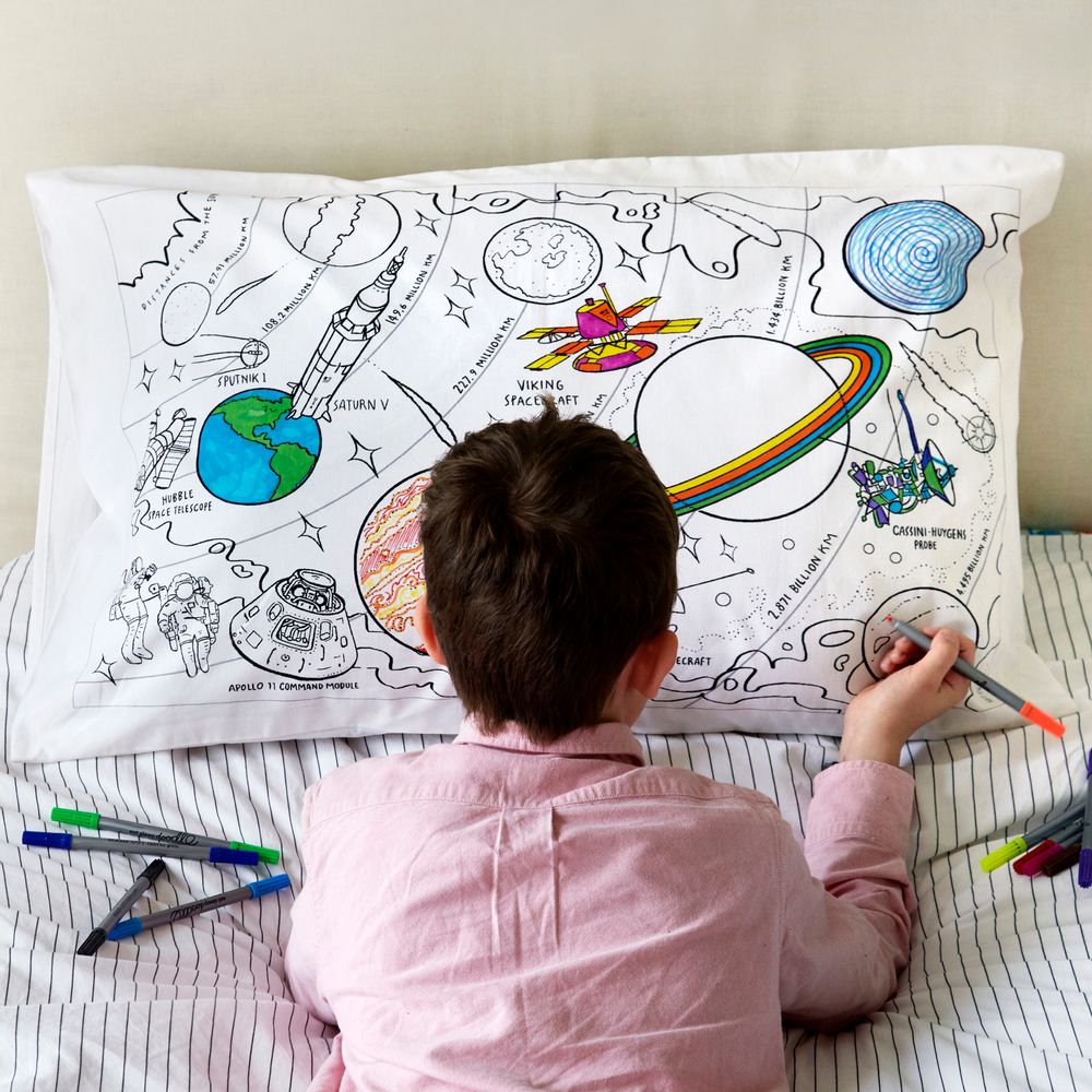 Children's arts and crafts - colour-in space explorer pillowcase - EATSLEEPDOODLE