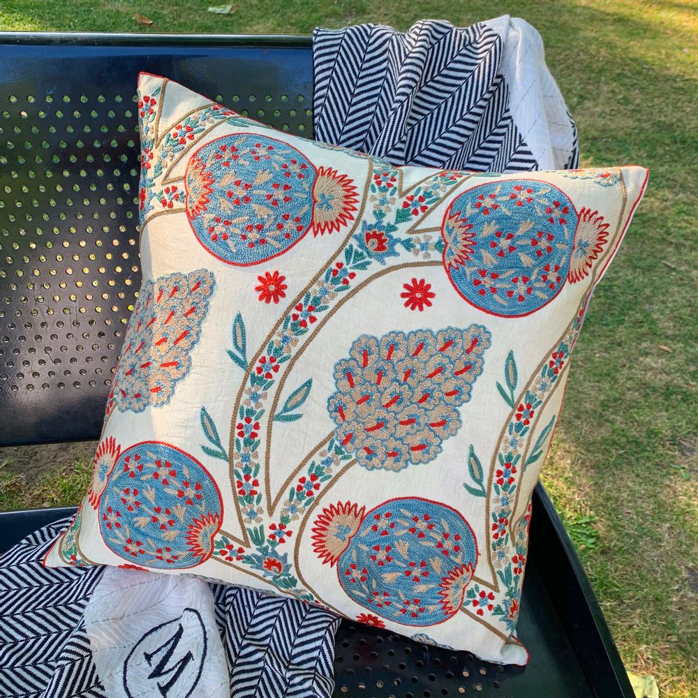 Cadeaux - Pomegranate Blue Floral Design Silk Suzani Cushion - HERITAGE GENEVE